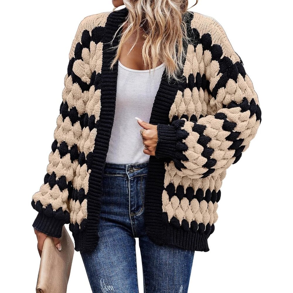 Trendy Lantern Sleeve Color Block Cardigan - Cozy Knit For Winter Layering